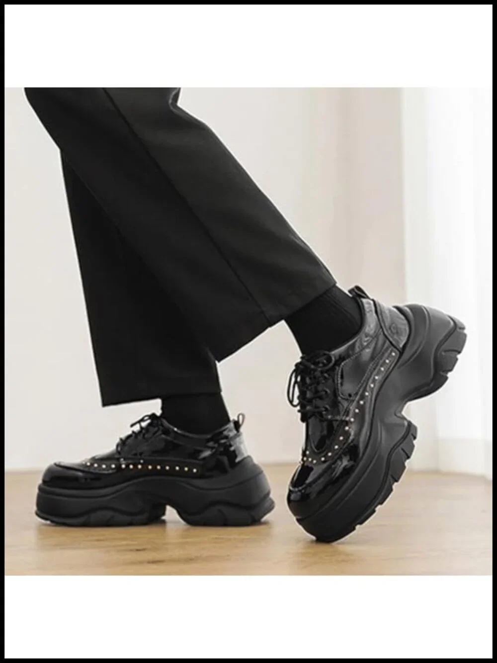 Patent Leather Rivet Platform Motorcycle Boots with Side Zipper